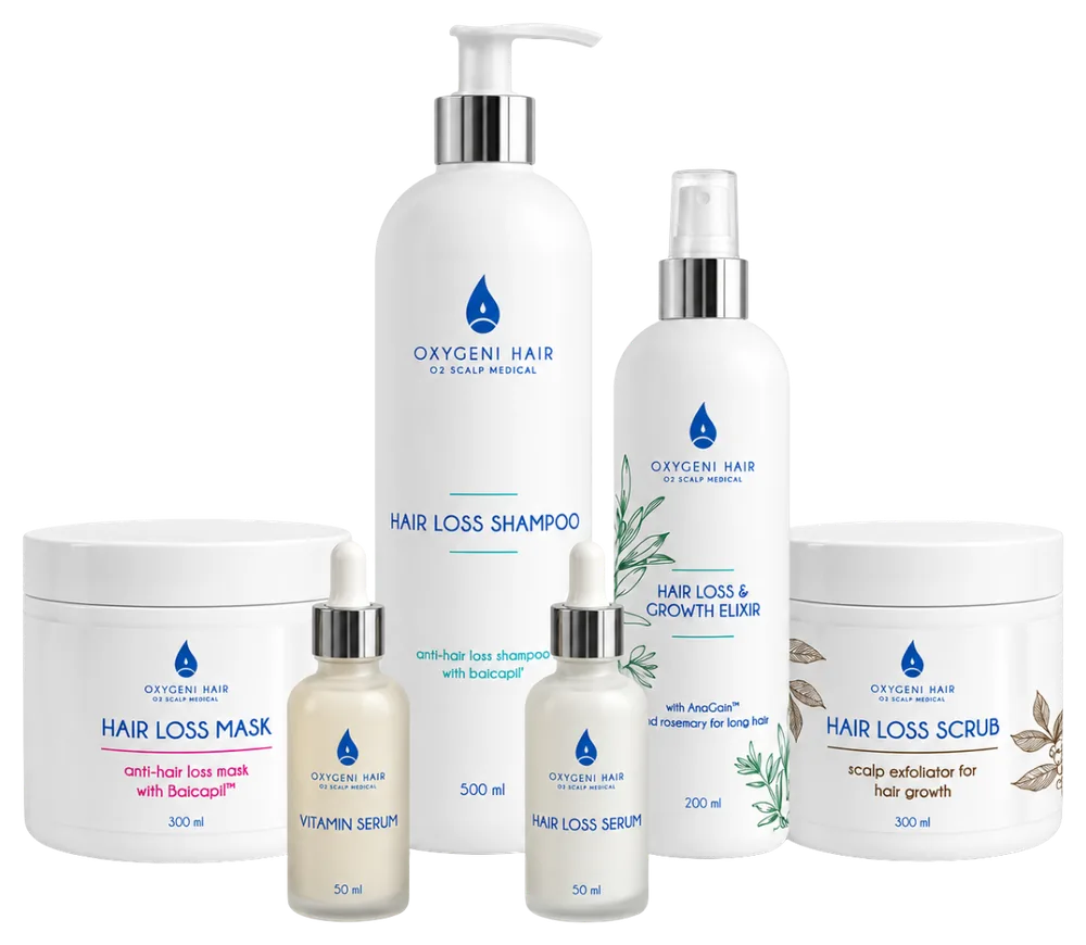 Řada Oxygeni Hair pro vlasy, které vypadávají: šampon, maska, séra, elixír a peeling